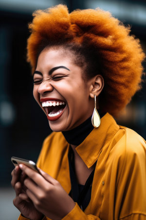 shot of a laughing young woman looking at her cellphoneの素材