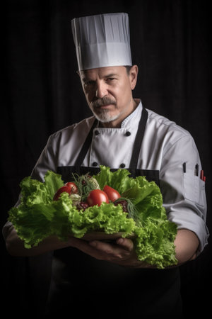 shot of a chef holding lettuce and tomatoes for the saladの素材