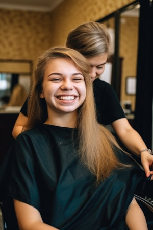 woman, hairdresser and hair beauty salon of a customer with a smile on face feeling comfortableの素材