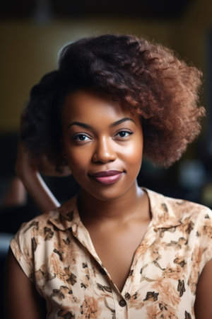 hairdresser, portrait and black woman with hair in salon for natural growth or colourの素材