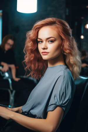 beauty, hairdresser and hair with a client in a salon for stylish treatment or cutの素材