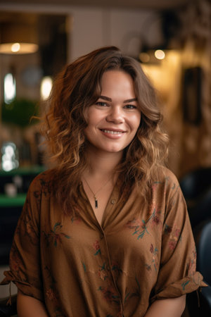 hairdresser, portrait or happy client in home by professional hairdresserの素材