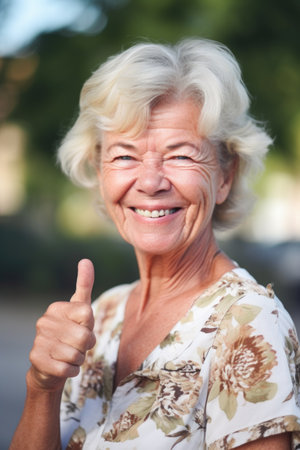 closeup of one mature woman showing thumbs up and smiling while being filmed outdoorsの素材