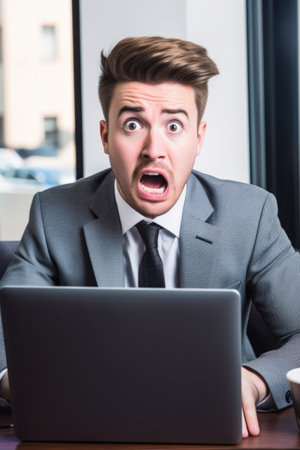shot of a young male lawyer looking shocked at his computerの素材