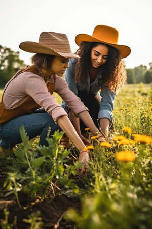 shot of a young woman helping her friend plant flowers on her farmの素材