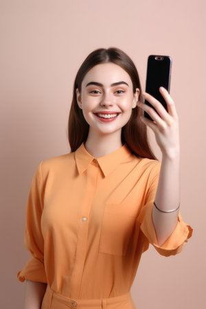 young woman, phone and selfie with smile, happiness and mockup studio background on screenの素材