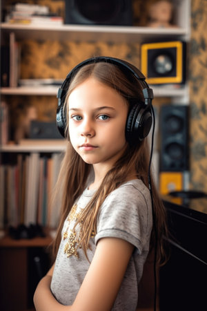 girl, portrait and technology with headphones, music player or radio at homeの素材