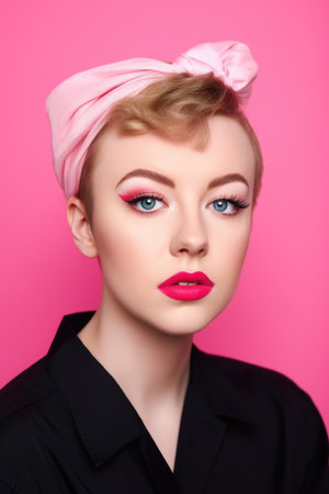 gender neutral, fashion and cool portrait of a person with makeup in studio on a pink backgroundの素材
