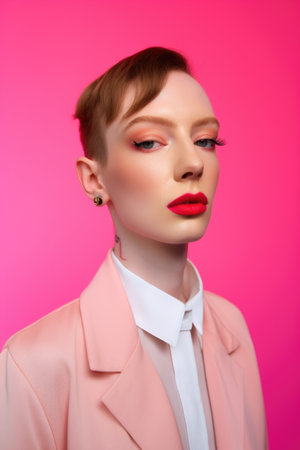 gender neutral, fashion and cool portrait of a person with makeup in studio on a pink backgroundの素材