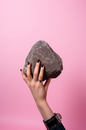 young person, hand and rock in studio while isolated on a pink backgroundの素材