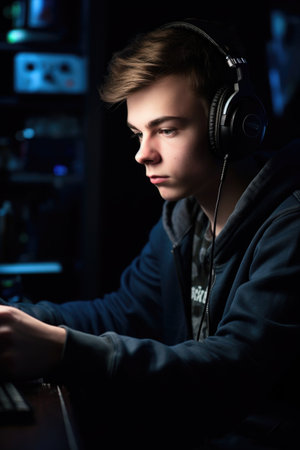 headphones, rock music and portrait of a wired creative teenager listening to audio alone in the studioの素材