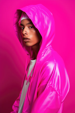 gender neutral person, fashion hoodie and mockup futuristic portrait against neon pink backgroundの素材