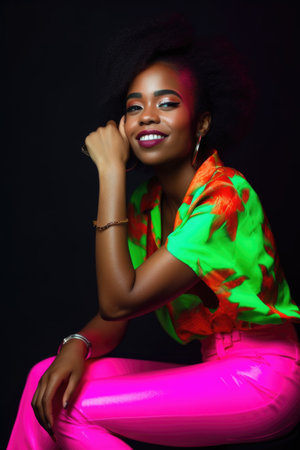 fashion, portrait and happy with a model black woman on a neon background in studioの素材