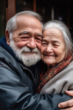 couple, love and grandparents hug with smile, relax and happy together for affectionの素材