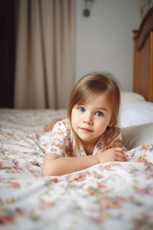 portrait of an adorable little girl lying on a bed at homeの素材