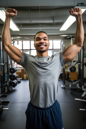 a young man standing in the gym and holding his arms outの素材