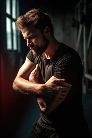 back pain, man injury and elbow pain after workout at gym, training accident or suffering from burnoutの素材