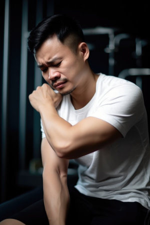 back pain, man injury and elbow pain after workout at gym, training accident or suffering from burnoutの素材