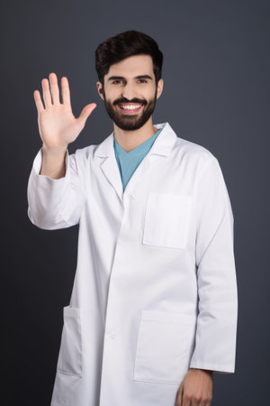 studio shot of a dentist holding his hand upの素材