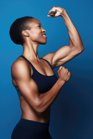 studio shot of a fit woman flexing her bicep against a blue backgroundの素材
