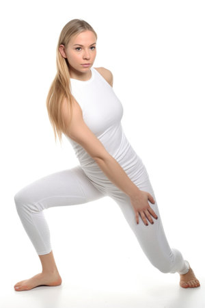 a young woman wearing gym clothes stretching against whiteの素材