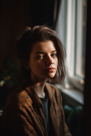 portrait of a young woman alone at homeの素材
