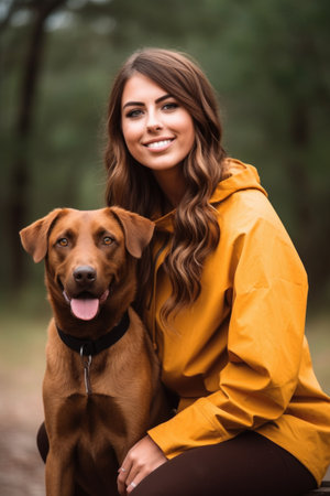 an attractive young woman with her dog standing outsideの素材