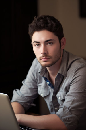 a handsome young man sitting in front of his laptop at homeの素材