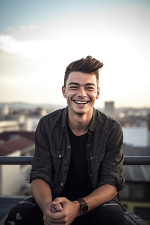 portrait of a smiling young man sitting on a rooftopの素材