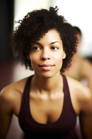 portrait of a woman doing yoga with her friend in the backgroundの素材