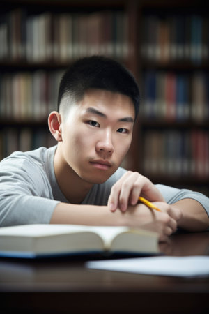 portrait of an asian student preparing for a test in the libraryの素材