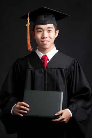 portrait of an asian student holding his diploma on graduation dayの素材