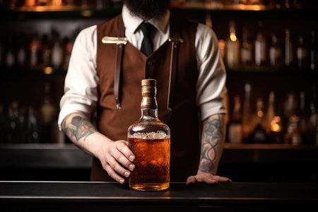 cropped shot of an unrecognizable bartender standing with a bottle of whiskeyの素材