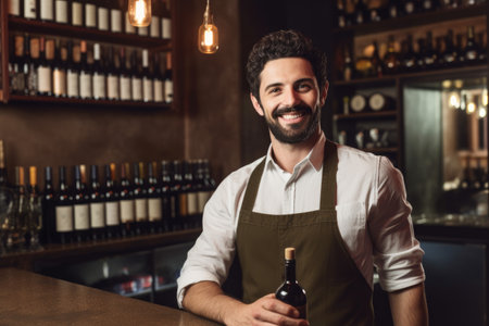 portrait of a smiling handsome bartender holding a bottle of wine while standing in his barの素材