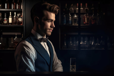 cropped shot of a handsome young man bartending at nightの素材