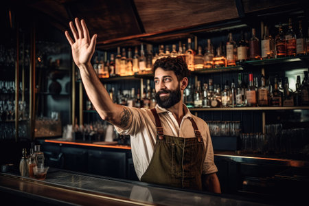 shot of a bartender waving his hand at someone at the barの素材
