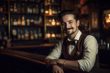 portrait of a smiling bartender waiting on customers in his barの素材