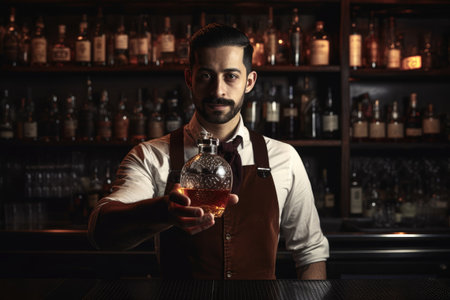 shot of a bartender holding a bottle of whiskeyの素材