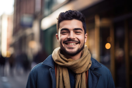 portrait of a happy young man standing outside in the cityの素材