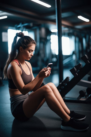 shot of a young woman using her cellphone while working on a laptop in the gymの素材