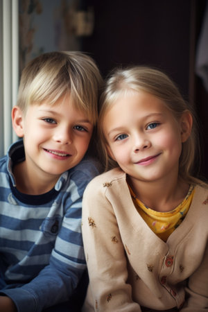 portrait of two happy siblings hanging out together at homeの素材
