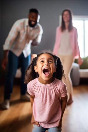 shot of a little girl singing while her parents dance in the background at homeの素材