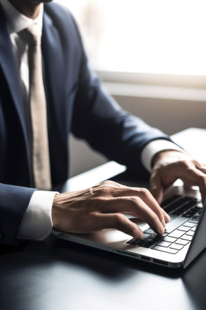 closeup shot of an unrecognizable businessman working on a laptop in an officeの素材