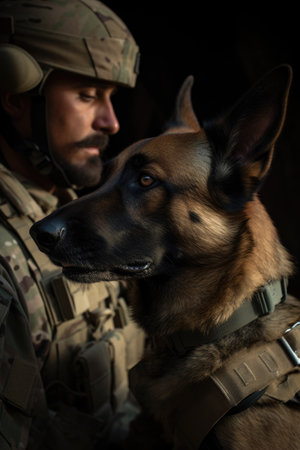 closeup shot of a soldier and his military working dogの素材