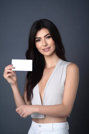 studio shot of an attractive young woman presenting you with a blank card against a grey backgroundの素材