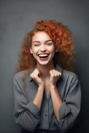shot of a friendly young woman standing against a grey wall and looking excitedの素材