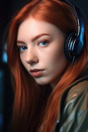 closeup shot of an attractive young woman wearing headphonesの素材