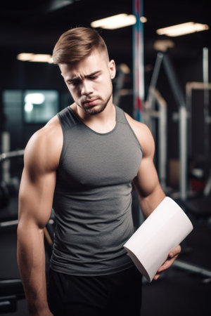 shot of a muscular young man holding a clipboard and looking injured in a gymの素材