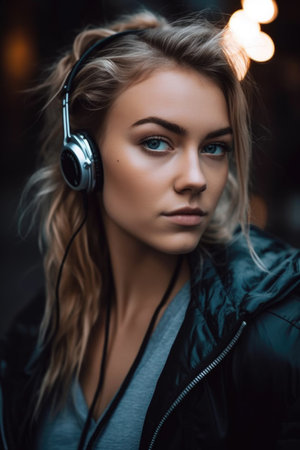 portrait of a sporty young woman wearing earphonesの素材