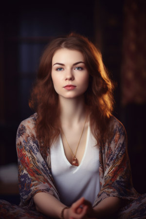 portrait of beautiful young woman meditating on her yoga matの素材